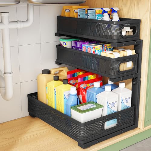Image of Kitstorack Under Sink Organizer, 1-Pack 3-Tier Height Adjustable Thickened Metal Pull out Cabinet Organizer Shelf, Slide out Storage Drawer Rack for Bathroom Kitchen Pantry Home Laundry Organization