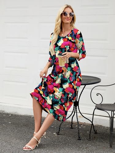 Image of Heymoments Women's Casual 3 /4 Sleeve Midi Dress Crewneck A Line Tiered Flowy Loose Travel Long Dresses with Pockets