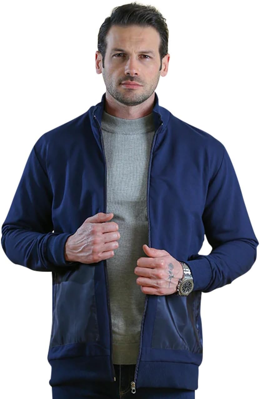 Bright Moons Men's Full-Zip Tech Sweater - Slim Fit Knitted Cardigan with Stand Collar and Pockets