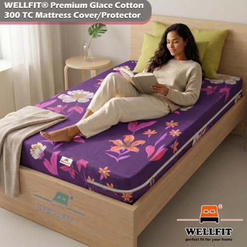 Image of WELLFIT Premium Glace Cotton 300 TC Mattress Cover /Protector for Queen Size Bed with Zip /Chain /5x6 ft / 60x72x6 inch