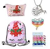 Unicorn Gifts for Girls - Unicorn Drawstring Backpack/Makeup Bag/Bracelet/Inspirational Necklace/Hair Ties (Pink Santa Hat Unicorn)