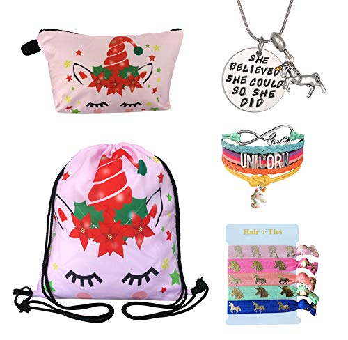 Unicorn Gifts for Girls - Unicorn Drawstring Backpack/Makeup Bag/Bracelet/Inspirational Necklace/Hair Ties (Pink Santa Hat Unicorn)