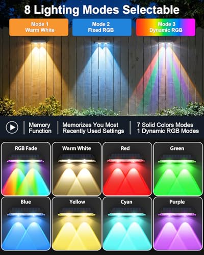 Image of Solar Fence Lights Outdoor, 14 Pack Warm White & RGB 8 Colors Fence Lights Solar Powered Ultra-Bright LED Lens Waterproof Outdoor Solar Lights for Fence, Backyard, Railing, Patio, Wall, Step, Deck