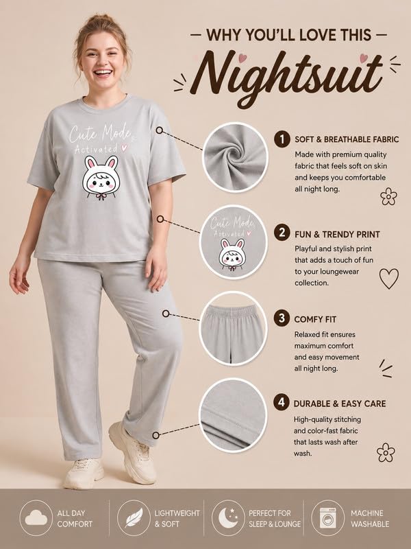 Image of My Swag Womens Nightsuit Set | Cute Bunny Graphic Print T-Shirt & Pajama | Soft Breathable Sleepwear and Loungewear Co-Ord Set for Women