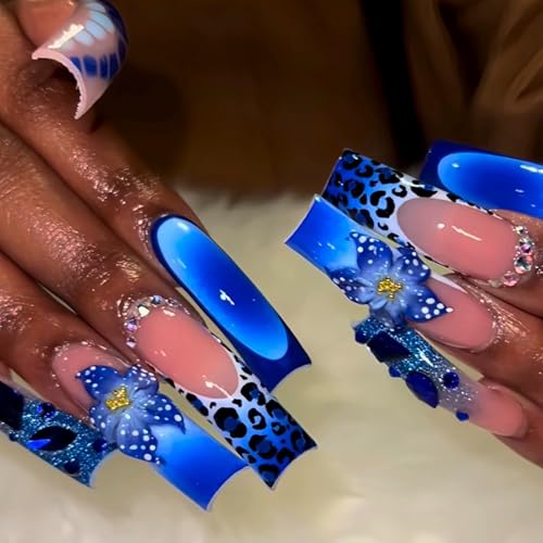 IMSOHOT Blue Press on Nails Curved Long Fake Nails - Leopard Print, Flower, Glitter, Rhinestone, Crocodile Print Designs Square Glossy Full Cover Acrylic False Nails Extra Long Glue on Nails