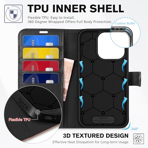 TUCCH Wallet Case for iPhone 16 Pro, [RFID Blocking] [4 Card Slots] Protective Case, Magnetic Folio Shockproof PU Leather Stand Flip Cover Compatible with iPhone 16 Pro 6.3", Black & Brown by TUCCH - Image 5