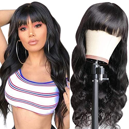 Amella Hair Brazilian Body Wave Wigs With Bangs Virgin Brazilian None Lace Front Wigs Human Hair Wigs 150% Density Glueless Machine Made Wigs For Black Women 14 Inch