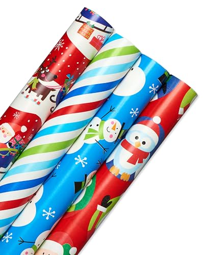 American Greetings Reversible Kids Christmas Wrapping Paper Rolls, Santa, Snowmen, Penguins, Polar Bears, Colorful Holiday Gift Wrap (160 sq. ft., 4 Rolls-30 in. x 16 ft.) Stripes, Dots, Snowflakes