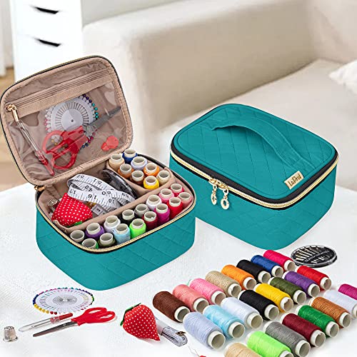 LoDrid Sewing Kit, Portable Flannel Bag with Complete Sewing Supplies for Travel & Home, Sewing Repair Kit Tools for Adults, Kids & Beginners, 24 Color Threads, 30 Needles & Sewing Accessories, Green