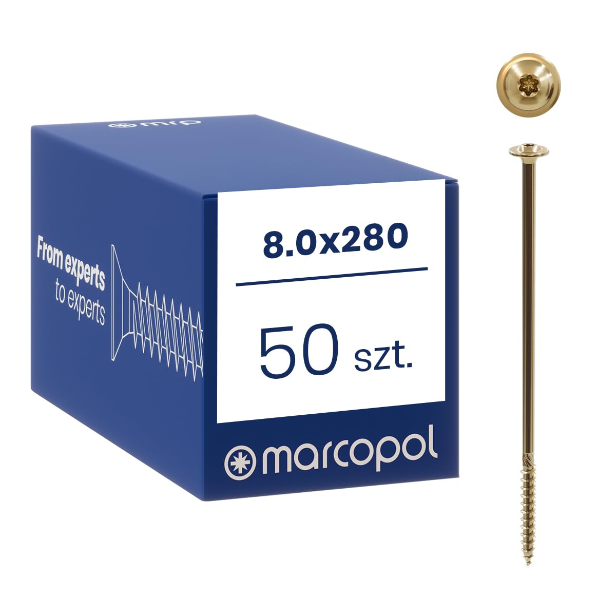 Marcopol - Tornillos Torx para madera con cabeza avellanada, tornillos 8 x 280 mm, tornillos Torx galvanizados en amarillo, tornillos para carpintero Innen-TX, set de 50 piezas