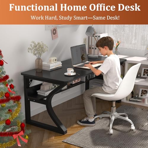 Image of 47 inch Computer Desk, Home Office Desk with Storage Shelf, Sturdy U-Shaped Metal Frame Study Table with Cable Management, Gaming Desk for Office & Bedroom (Black, 47inch)