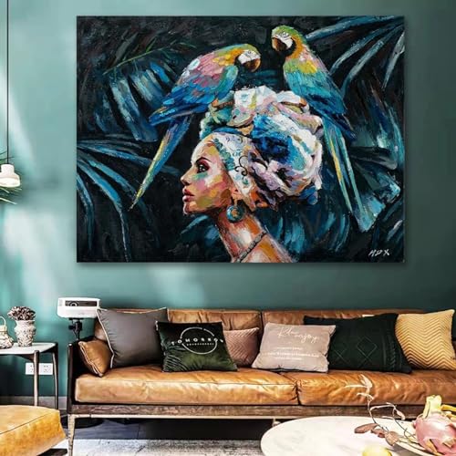 Toile abstraite femme noire et perroquets bleus pour réveiller un mur blanc sans cadre