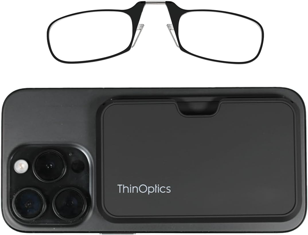 ThinOptics Folding Reading Glasses 1.0 1.5 2.0 2.5 with MagSafe Compatible Pod Case - Slim & Foldable Spectacles Black Frame - Armless Nose Clip Readers for Men & Women - Thin Design - Magnetic Case