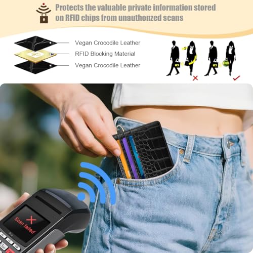 Image of Slim Credit Card Holder Crocodile Wallet Women Thin Wallets | Alligator Print RFID Blocking Minimalist Lightweight Pocket Small Cute Cards Holders ID Window, Black Croc