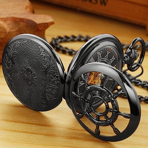 Image of Men's Mechanical Pocket Watch Black Rudder Pattern Double Open Hollow Roman Numerals Pocket Watch