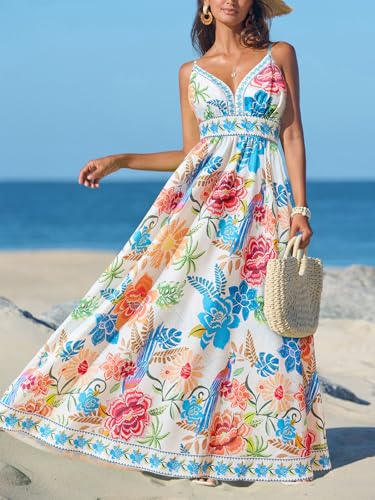 Image of CUPSHE Women's Summer Dresses Casual Spring V Neck Sleeveless Floral Beach Vacation Long Spaghetti Strap Flowy Maxi Dress