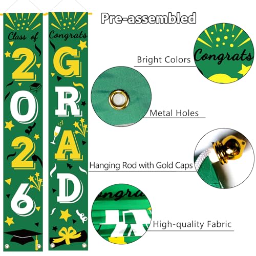 Image of Graduation Porch Banner Class Sign Congrats Grad Hanging Flags High School College University Party Decoration For Front Door Outdoor Green Gold