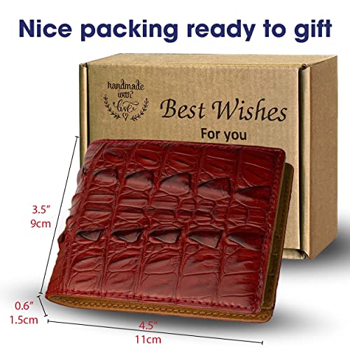 Image of HATA Red Exotic Bifold Leather Wallet with Hidden Compartment, Men's Minimalist Wallets with RFID Blocking & ID Window Credit Card Holder, Men Handmade Gift for Birthday, Father's Day VINAM-103