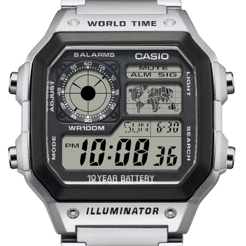 Image of Casio AE1200WH Series | Men's Digital Watch | 100M WR | Multi Alarms | 100 SEC Stopwatch | Countdown Timer | World Map for World Time | LED Light | LC Analog Display | 10 Year Battery
