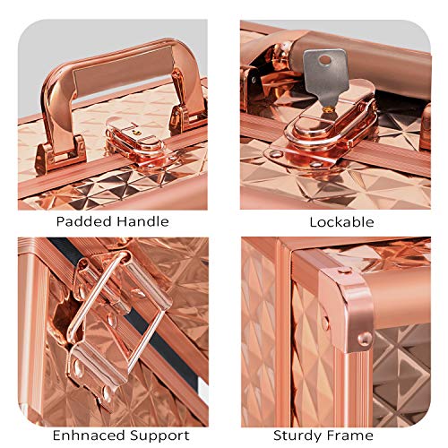 Joligrace Makeup Train Case Cosmetic Box 10 Inches Jewelry Organizer Professional 3 Tiers Trays With Mirror And Brush Holder Lockable Key Portable Travel - Rose Gold #TOP3