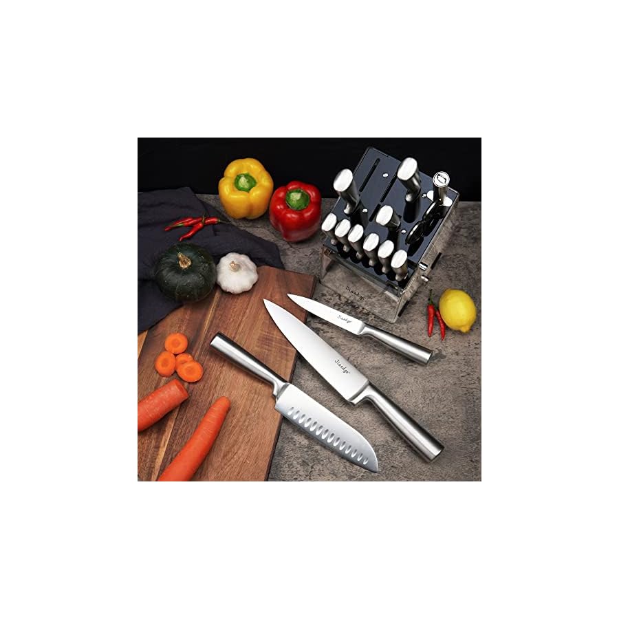 Knife Set, Jiaedae 15 Pieces Stainless Steel Knife Block Set with Acrylic Stand, Knife Sets for Kitchen with Block, Knife Set with Clear Block, Dishwasher Safe, Silver