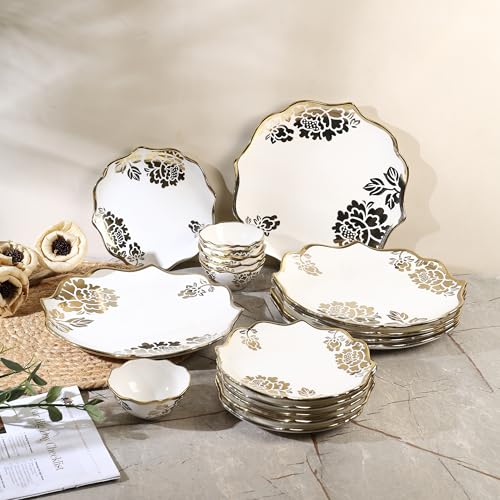 Image of Timeless Elegance Gold Plated 18 Piece Dinner Set for 6 | Premium White & Gold Porcelain Crockery Set with Scalloped Rim | 6 Dinner Plates, 6 Quarter Plates & 6 Veg Bowls (DSS03)