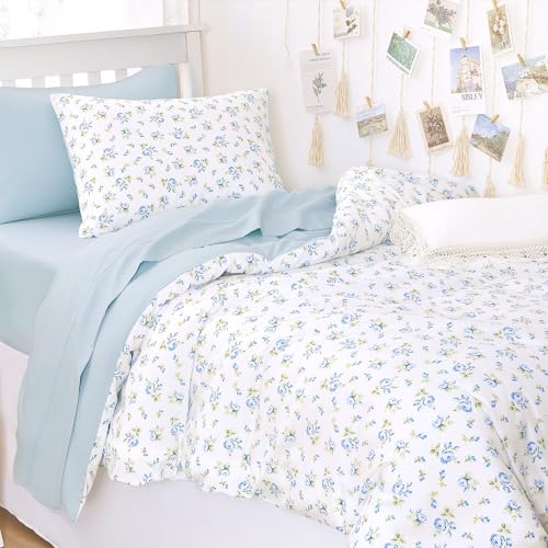 Image of Wake In Cloud - Floral Comforter Set, Coquette Cottagecore Aesthetic Flower Shabby Chic Pattern for Women Teen Girls, Soft Lightweight Bedding, 3 Pieces, White Blue, Twin /Twin XL Size