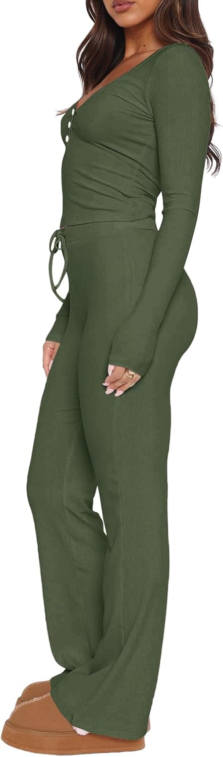 Ezbelle Women's Lounge Sets 2 Piece Outfits Long Sleeve Crop Button Down V Neck Shirt Knit Pajama Pant Fall Clothes - Image 4
