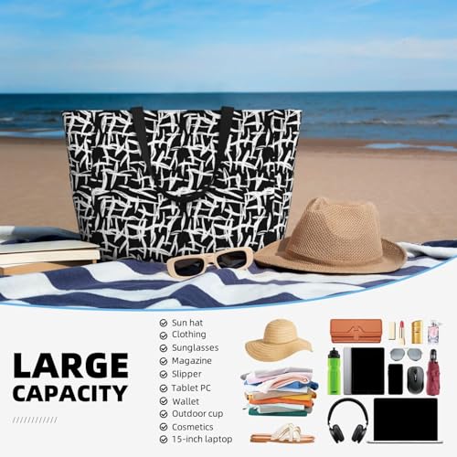 Large Beach Bags Water-resistant Sandproof - white black lines pattern Cute Beach Tote Bags for Women with Zipper4