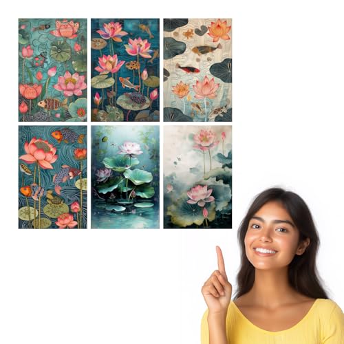 Image of SiddArtify Lotus Pond Wall Art Poster Print Set - Botanical Fish Turtle Decor for Living Room Bedroom Office - 12x18 inch Board Pack of 6
