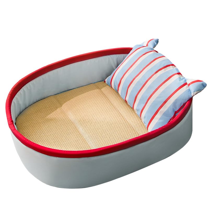 Dog Cat Bed Large Elevated 3D Surround Pet Bed with Dual-Sided Reversible Cushion Breathable Rattan Cooling Mat Scratch Resistant Waterproof Washable Warm Cool All Season (blue, XL（80*60*16cm）)
