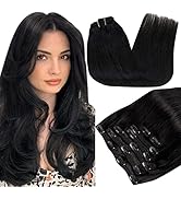 RUNATURE Clip in Black Hair Extensions Human Hair Black Clip in Extensions Double Weft Clip in Ha...