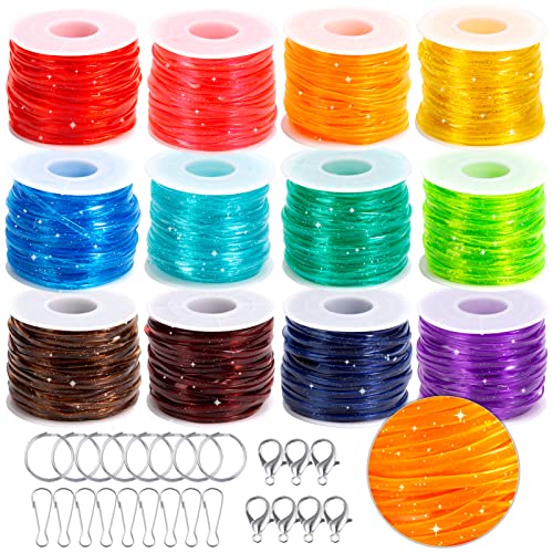 PP OPOUNT Glitter Lanyard String, 12 Rolls Plastic Lacing Cord with 20 Key Chain Rings, 20 Snap Clips and 10 Lobster Clips, Gimp String Kit for DIY Bracelets, Key Chain and Lanyards(985 feet)