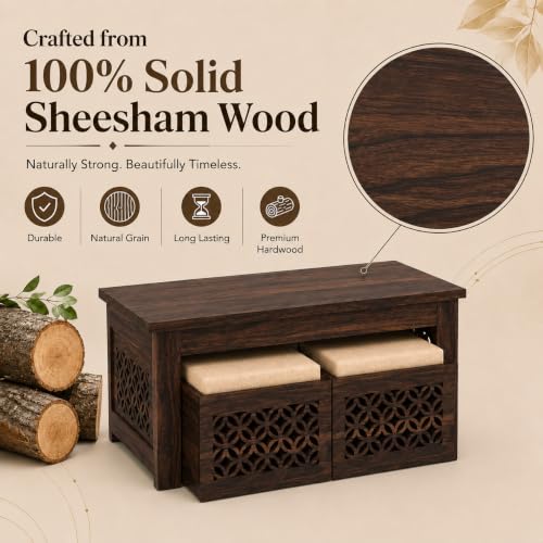 Image of Solid Sheesham Wooden Coffee Table with 2 Cushioned Stool|Teapoy Center Piece for Home Sofa Center Table for Living /Drawing Room,Hall|Space Saving Indoor Tea Table Set(Walnut Finish) CNC