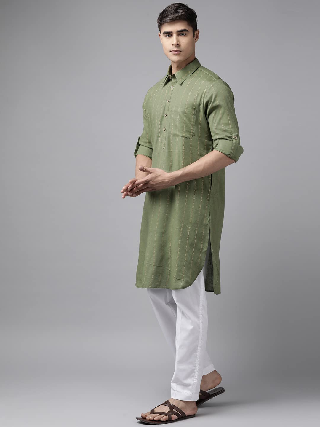 See Designs Men Olive Regular Pure Cotton Pathani Printed Men's Kurta_Sdpkt1144S