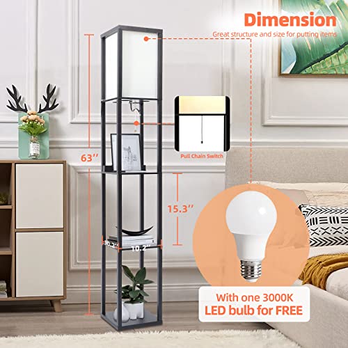 Floor Lamp With Remote, Floor Lamp With Shelves, Shelf Floor Lamp With 3 Level Dimmable Brightness, Column Floor Lamps With 2 Usb Port & 2 Power Outlets, Standing Lamp With Shelves, Black #TOP5