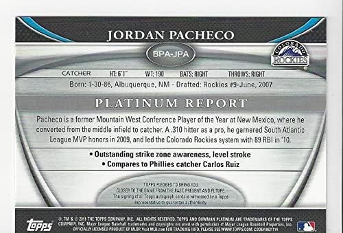 Jordan Pacheco Autographed Bowman Prospects Collectible Baseball Card - 2011 Bowman Platinum Baseball Card #BPA-JPA (Colorado Rockies) Free Shipping