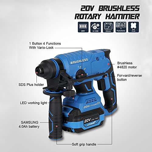 Akku-Bohrhammer, inkl. 20-Volt-4,0-AH-Li-Ion-Akku, Schnellladegerät, 3-teiliger SDS-Plus-Bohrhammer, Spitzmeißel, Flachmeißel, Staubschutz-Tiefenmesser, Hilfsgriff, Hochleistungs-Abbruchhammer, – Bild 6