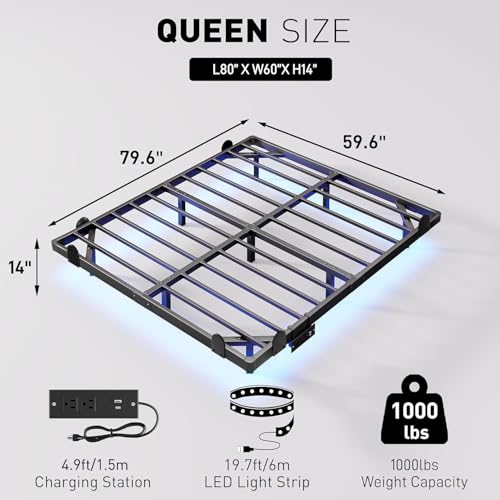 qimamo 14 Inch Floating Queen Bed Frame with Smart LED Lights and Charging Station, Modern Metal Queen Bed Frame, Easy to Assemble, No Box Spring Needed (Queen)