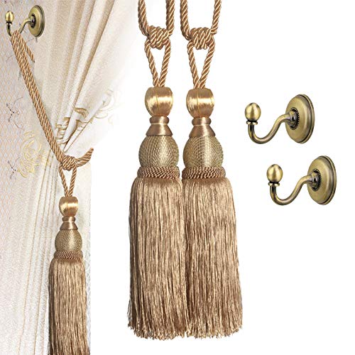 VEGCOO Lot de 4 Embrasses de Rideaux Faites à la Main - 2 Boucles Européennes Avec Pompon et 2 Crochets (Doré)