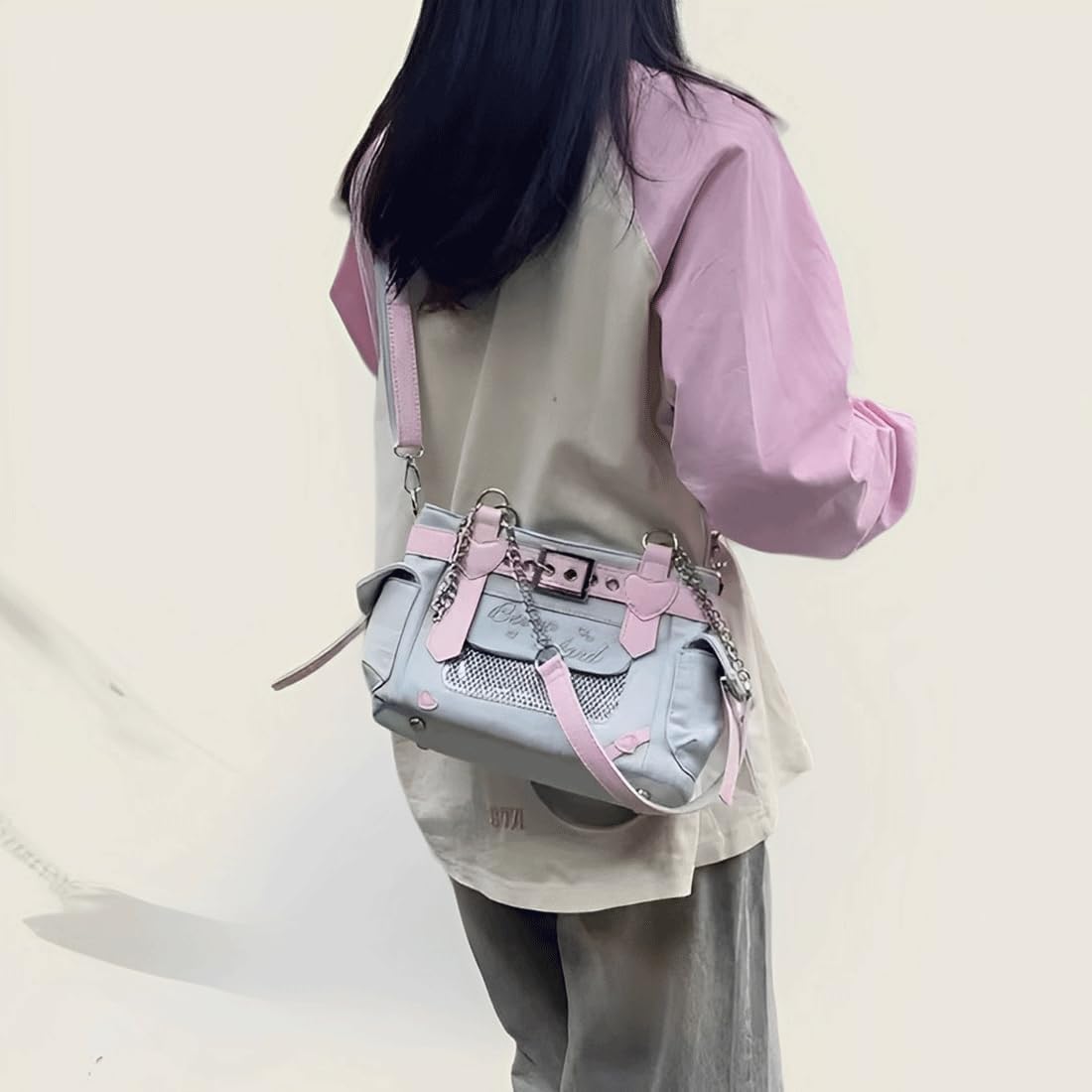 Y2K Harajuku Kawaii Goth Casual Style Denim Cute Heart and Pink Belt Decor Adjustable Cross-body Shoulder Bag