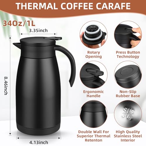 Image of Norme 2 Pcs Thermal Coffee Carafe Insulated Stainless Steel Coffee Carafe for Hot Liquid Vacuum Thermal Pot Creamer Pitcher Dispenser with Brushes Keeping Hot Water Milk(Black,34 oz)