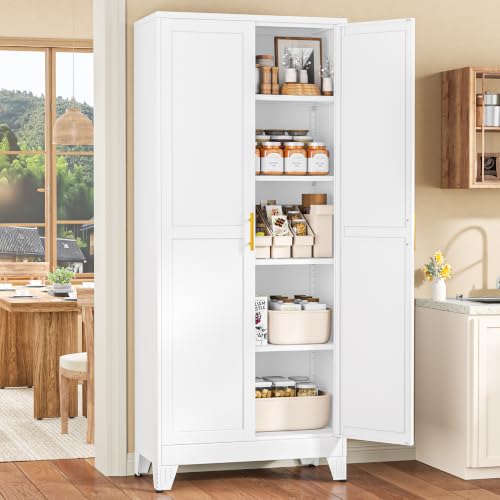 Image of White Pantry Storage Cabinet, 71 inch Metal Kitchen Pantry Storage