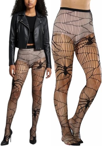 Image of ToBeInStyle Women's Spiderweb & Crawling Spider Print Hosiery Tights & Thigh High Stockings