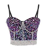 Women's Rhinestone Bead Bustier Crop Top Club Party Glitter Corset Top Bra Vest (XS, Blue)