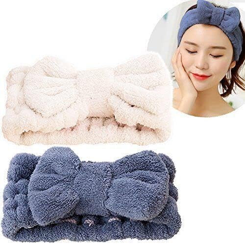 SweetCat Microfiber Bowtie Headbands, Extrame Soft & Ultra Absorbent, Comfort to Makeup Wash Spa Yoga Shower Facial Hair Band for Girls and Women (Blue+White)