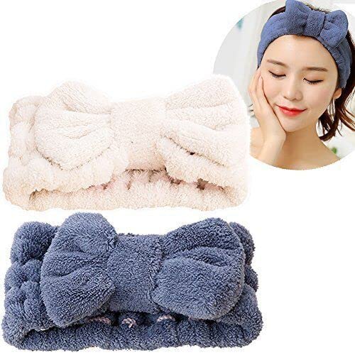 SweetCat Microfiber Bowtie Headbands, Extrame Soft & Ultra Absorbent, Comfort to Makeup Wash Spa Yoga Shower Facial Hair Band for Girls and Women (Blue+White)
