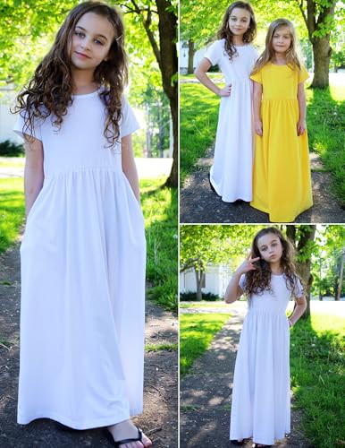 Image of Arshiner Girls Maxi Dress Long /Short Sleeve Casual Holiday Dress with Pockets for 5-13 Years