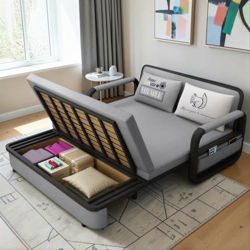 UNICORN FURNITURE Double Pull Out Sofa Bed with Storage (158cm) Convertible Sofa Bed with Storage | 2 Seater Sofa Bed with Wheels & Cushions | Modern Sofa Bed (Grey/Black)