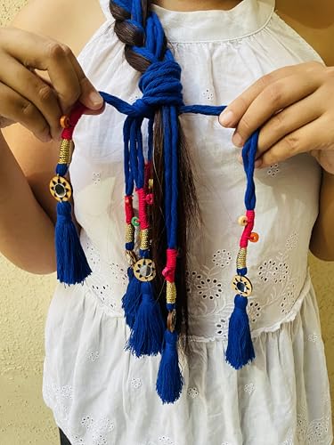 Image of Zippy Flora Neelima Parandi (Royal Blue) | Handmade Boho Parandi | Traditional Hair Accessory with Tassles & Shells | Hair Extension | Choti for Curly & Straight Hair | 22 Inches Length